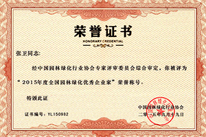 2015全國園林綠化優(yōu)秀企業(yè)家榮譽證書